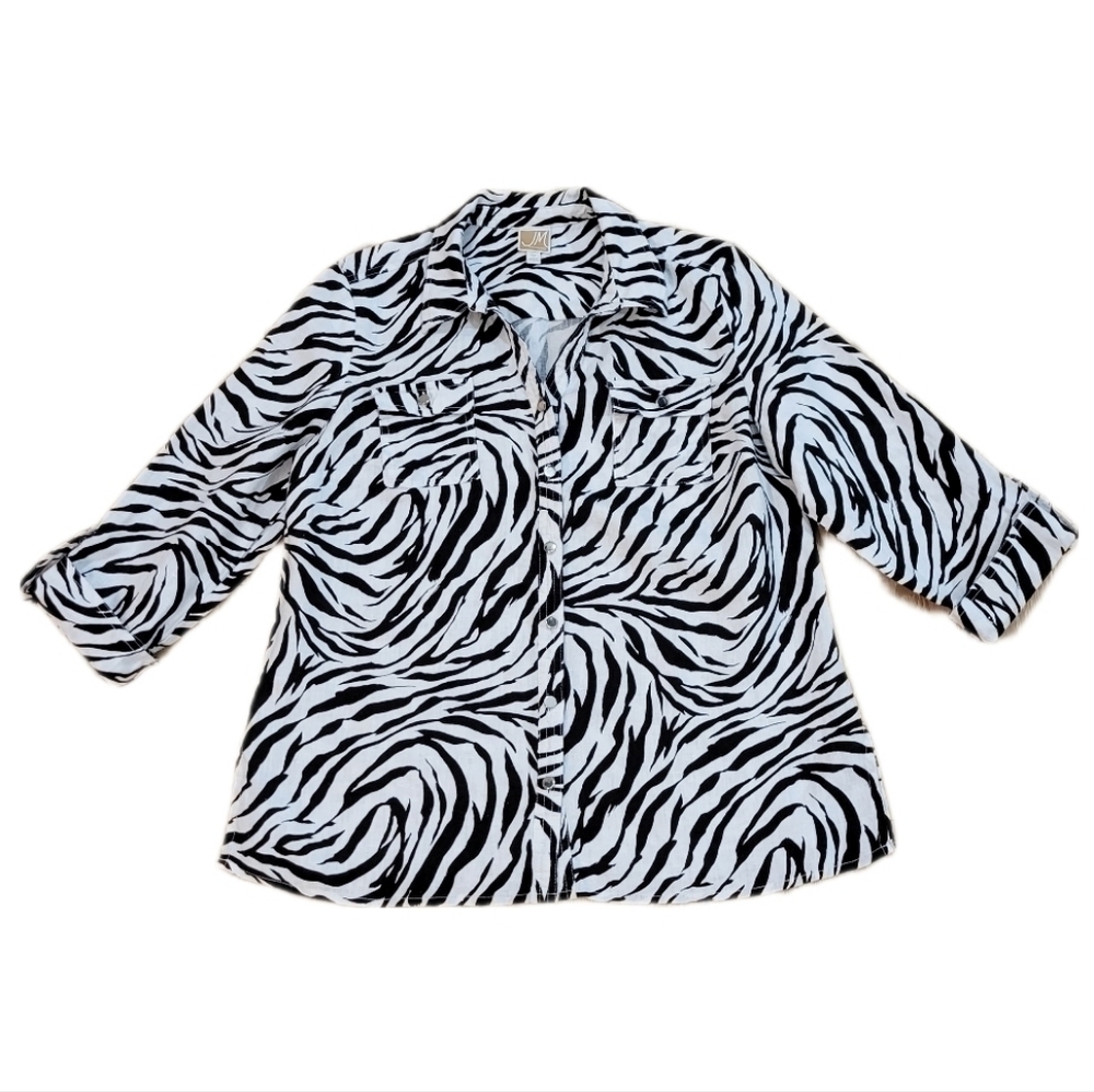 JM Collection Petite black & white animal‎ print 100% linen 3/4 sleeve size 12P